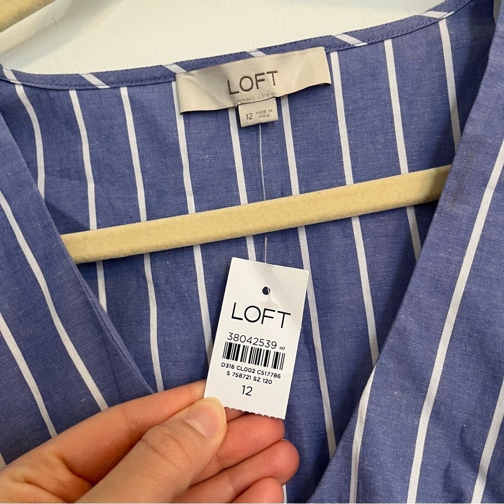LOFT Blue and White Striped Long Sleeve Dress Twisted Midi NO BELT NWT size 12 - Picture 3 of 10